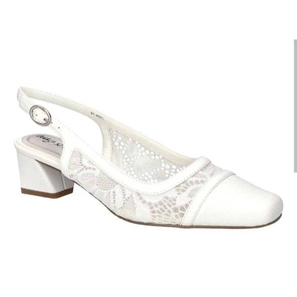 NEW! Women's Easy Street Fortune White Lace Square Toe Slingback Pumps, Size 7M